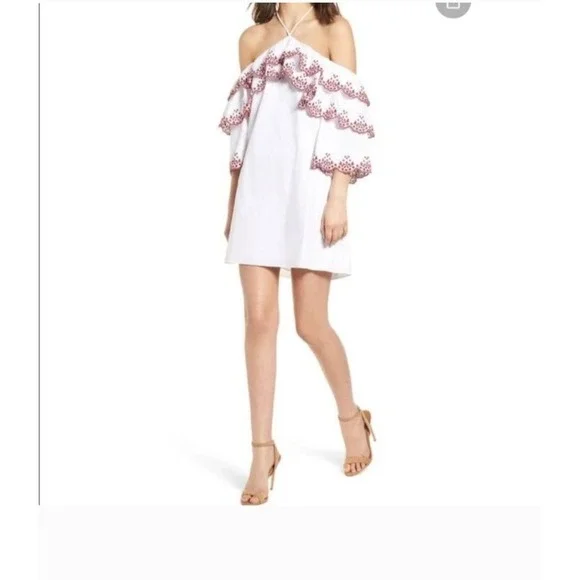 Rebecca Minkoff Dena Heiler Dress Size 4 White Red Off Shoulder Mini Date Night - Picture 2 of 12